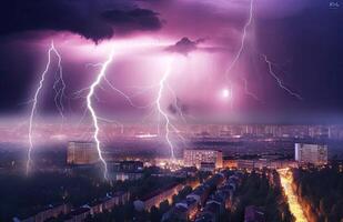 foudre orage plus de ville dans bleu lumière établi avec génératif ai technologie. photo