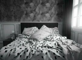 Haut vue de défait literie feuilles et oreiller , défait désordonné lit après confortable sommeil concept établi avec génératif ai technologie. photo