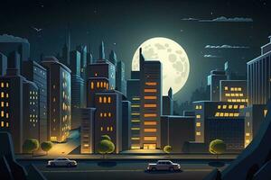 ville lumières et à plusieurs étages bâtiments avec le lune généré par ai photo