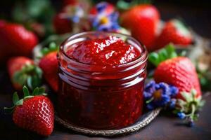 pot de fraise confiture et Frais baies. génératif ai photo