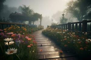 fleur pays des merveilles avec une promenade. brumeux Contexte. génératif ai photo