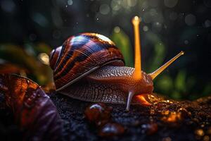 une lent grain de raisin escargot rampe dans le forêt. bokeh dans le Contexte. génératif ai photo