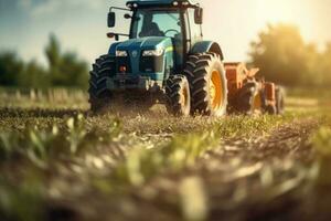 tracteur fertilisation une champ. futur La technologie avec agriculture agriculture concept. génératif ai photo
