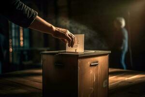 homme électeur en mettant scrutin dans vote boîte. la démocratie liberté concept. génératif ai photo