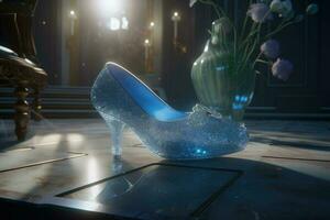 cristal verre pantoufle. transparent aux femmes chaussure avec talon. génératif ai photo