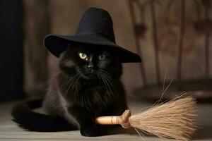 la magie noir chat dans chapeau est séance suivant à magique balai. génératif ai photo