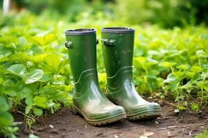 une paire de brillant caoutchouc bottes, dans le légume jardin. génératif ai photo