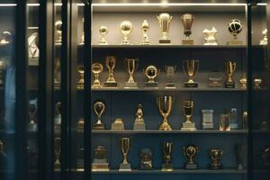 trophée afficher Cas étagère fabriqué de verre et bois plein de or et argent trophées. génératif ai photo