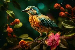 coloré tropical oiseau et magnifique surréaliste fleurs. génératif ai photo