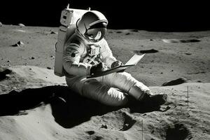 un astronaute lit une livre sur le lune. génératif ai photo