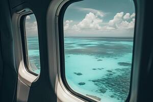 vue de le plage et mer le avion la fenêtre. Voyage et tourisme concept. génératif ai photo