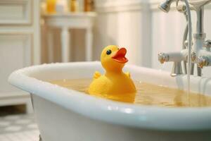 Jaune canard jouet dans le baignoire. une baignoire temps concept. génératif ai photo