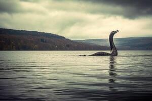 loch ness monstre nessie dans le lac. génératif ai photo