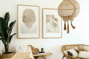 cadres dans Accueil intérieur. pièce dans boho style avec Naturel en bois meubles et les plantes. génératif ai photo