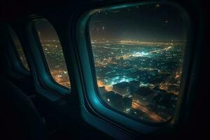 vue de le nuit ville de le avion la fenêtre. nuit paysage urbain. Voyage et tourisme concept. génératif ai photo