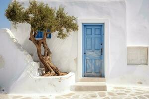 bleu porte sur une blanchi à la chaux grec maison. méditerranéen style. génératif ai photo