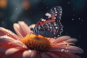 coloré papillon est séance sur une fleur, proche en haut. papillon dans le Matin la nature. génératif ai photo