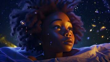 africain fille en train de dormir dans Profond espace avec étoiles. dessin animé illustration pour affiches et la toile. génératif ai photo