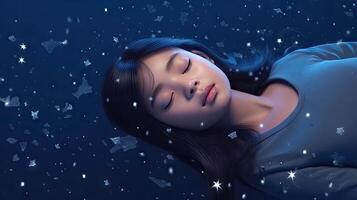 rêver parmi le étoiles 3d illustration de une Jeune asiatique femme en train de dormir dans Profond espace. génératif ai photo