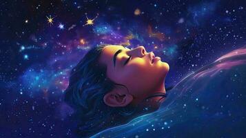 rêver parmi le étoiles 3d illustration de une Jeune asiatique femme en train de dormir dans Profond espace. génératif ai photo