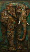 complexe steampunk l'éléphant dans cubiste pétrole La peinture style avec vieilli patine. parfait pour affiches et fonds d'écran. génératif ai photo