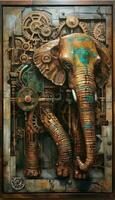 steampunk l'éléphant dans cubiste pétrole La peinture style avec mécanique complexité et vieilli patine. parfait pour affiches et fonds d'écran. génératif ai photo