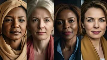 diverse groupe de femmes dans leur cinquantaine concentré sur travail dans Bureau scène. génératif ai photo