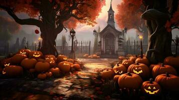 Halloween cimetière avec citrouilles. ai généré photo
