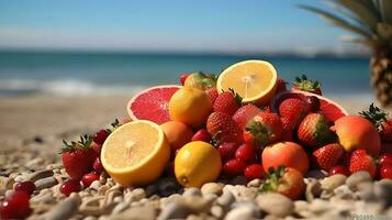 Frais des fruits sur plage. ai généré photo