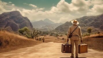 voyageur de Montagne Haut avec bagarre ai généré photo