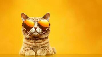 chat avec des lunettes de soleil effrayant sur le plage. photo