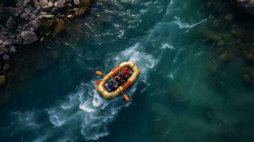 aérien Haut vue extrême sport kayak voiles Montagne rivière avec Soleil lumière. rafting, eau vive kayak. photo