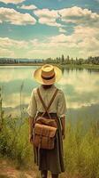 voyageur femme sur le route dans de face de une Lac avec une sac à dos. photo