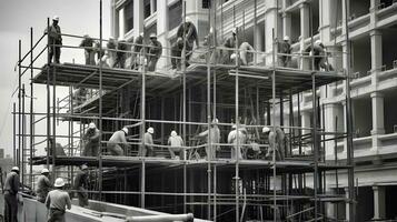 construction ouvriers travail sur moderne bâtiments. photo