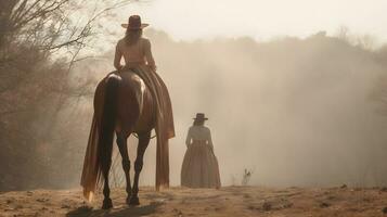 caucasien femme et cheval formation pendant le coucher du soleil photo