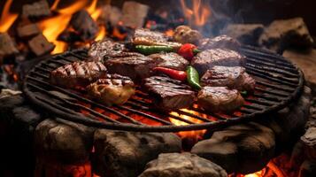 du boeuf steaks et des légumes sur le gril avec flammes. barbecue. photo