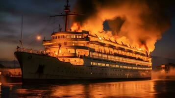 Feu a cassé en dehors sur une croisière bateau, incitant un urgence réponse de le équipage et passagers. photo