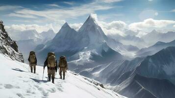 alpiniste en marchant sur une neigeux Montagne. photo