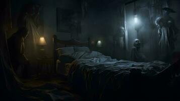 enfant cauchemar avec effrayant monstre sur chambre à coucher. photo
