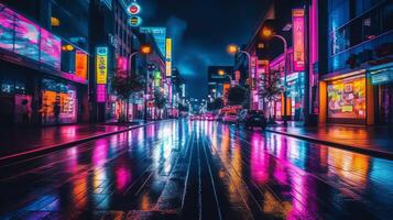 nuit scène de après pluie ville dans cyberpunk style, futuriste nostalgique années 80, années 90. néon lumières vibrant couleurs, photoréaliste horizontal illustration. ai généré photo