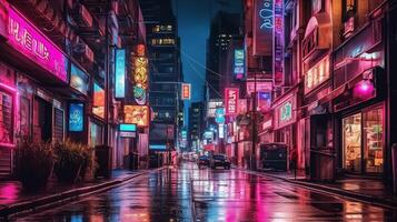 nuit scène de après pluie ville dans cyberpunk style, futuriste nostalgique années 80, années 90. néon lumières vibrant couleurs, photoréaliste horizontal illustration. ai généré photo