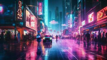 nuit scène de après pluie ville dans cyberpunk style, futuriste nostalgique années 80, années 90. néon lumières vibrant couleurs, photoréaliste horizontal illustration. ai généré photo