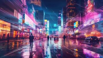 nuit scène de après pluie ville dans cyberpunk style, futuriste nostalgique années 80, années 90. néon lumières vibrant couleurs, photoréaliste horizontal illustration. ai généré photo