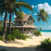 une pittoresque plage scène avec balancement paume des arbres et une charmant maison niché parmi leur ai généré photo