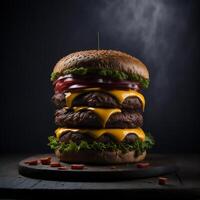 une l'eau à la bouche gourmet Burger avec tout le fixations ai généré photo