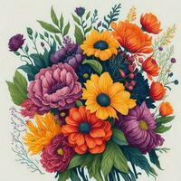 une vibrant et capricieux dessiné à la main bouquet de décoratif fleurs dans une aquarelle style ai généré photo