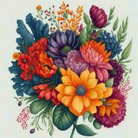 une vibrant et capricieux dessiné à la main bouquet de décoratif fleurs dans une aquarelle style ai généré photo