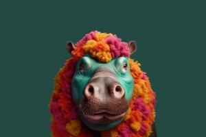 abstrait animal hippopotame portrait avec coloré afro Cheveux portant des lunettes de soleil dans Hawaii robe thème, vibrant brillant dégradés arrière-plan, avec génératif ai. photo