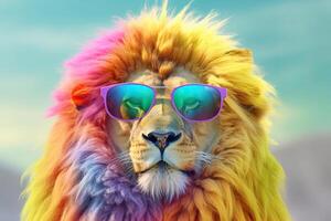 abstrait animal Roi de Lion portrait avec coloré afro Cheveux portant des lunettes de soleil dans Hawaii robe thème, vibrant brillant dégradés arrière-plan, avec génératif ai. photo