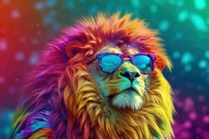 abstrait animal Roi de Lion portrait avec coloré afro Cheveux portant des lunettes de soleil dans Hawaii robe thème, vibrant brillant dégradés arrière-plan, avec génératif ai. photo